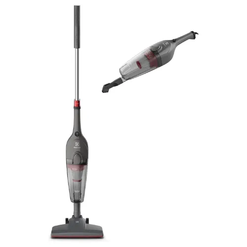 Aspirador de pó vertical com corpo e bocal cinza com detalhes em vermelho