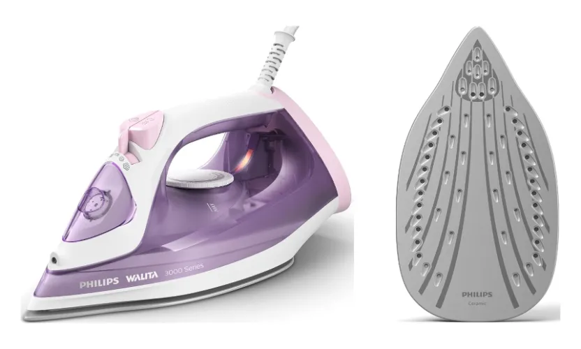 Ferro de passar roupa largo com corpo rosa e branco