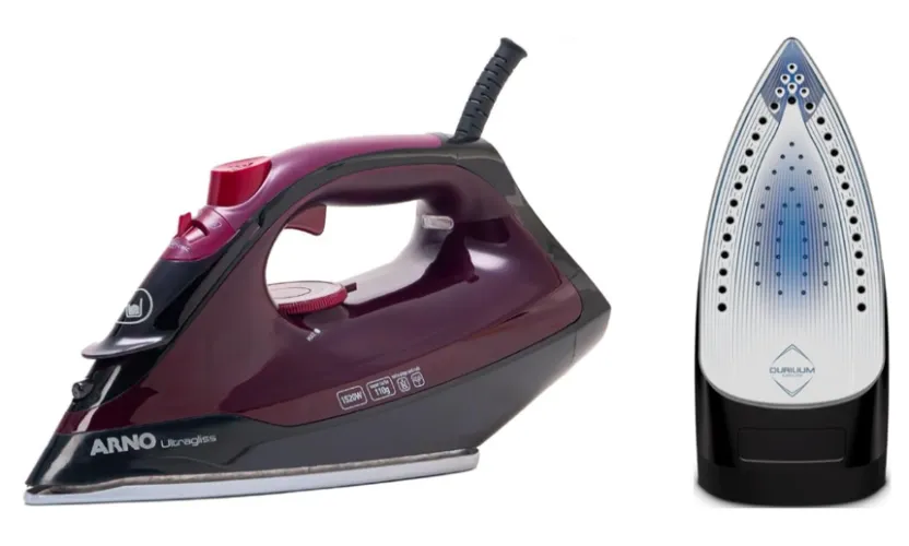 Ferro a vapor largo e alto com corpo roxo e preto