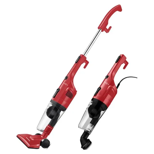 Aspirador pequeno com corpo e bocal vermelhos e filtro ciclone