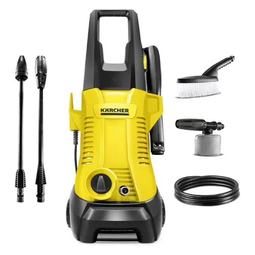 Lavadora de pressão amarela com alça pequena e acessórios para carro