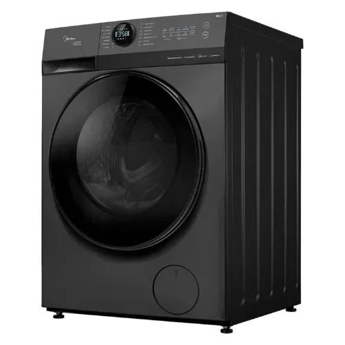 Máquina lava e seca toda preta com visor redondo no botão