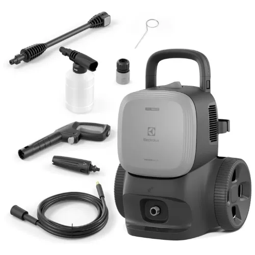 Lava a jato cinza pequena com alça retrátil e rodas grandes