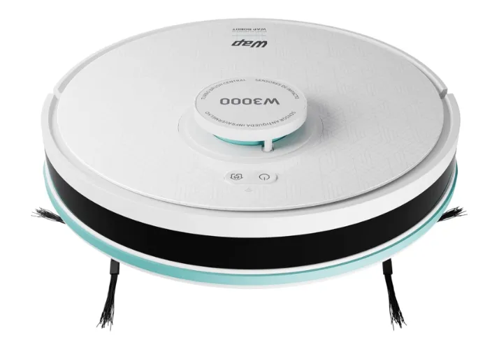 Aspirador robô branco com lateral preto e duas escovas