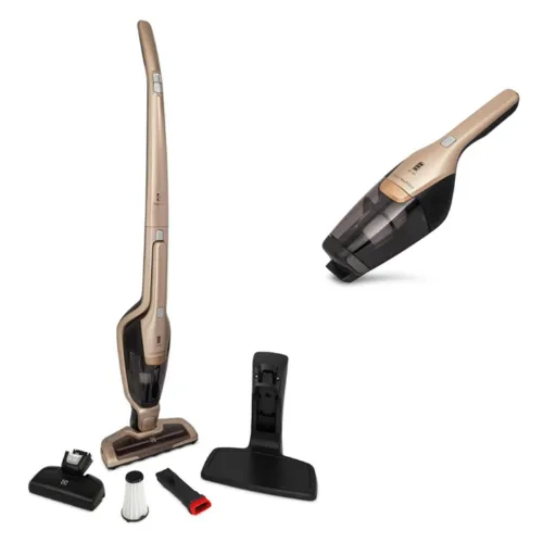 Aspirador de pó vertical sem fio alto e estreito de cor dourada