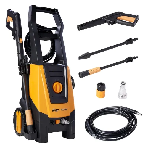 Lavadora de alta pressão amarela e preta com alça e pistola grande