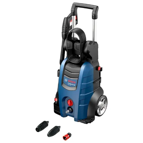 Lavadora de pressão azul com alça retrátil e rodas grandes