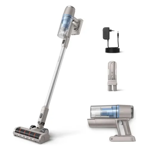 Aspirador vertical sem fio cinza com reservatório superior e bocal largo