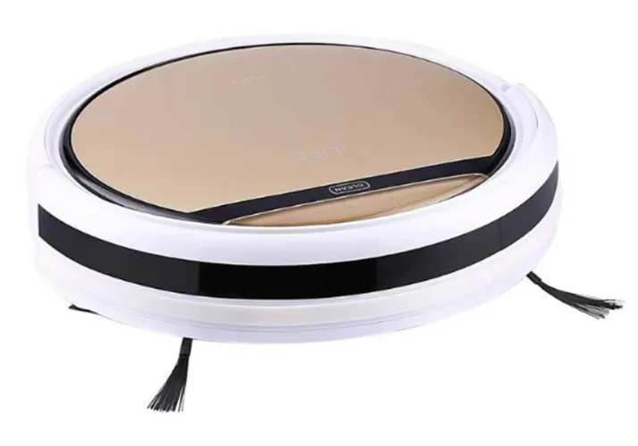 Aspirador inteligente passa pano com parte superior dourada e lateral branca