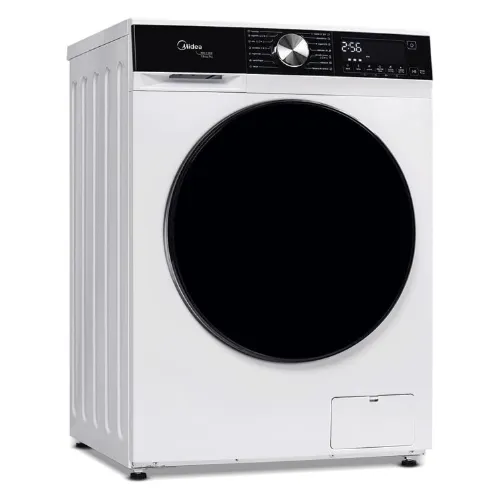 Máquina de lavar e secar pequena branca com painel grande todo preto e tampa de vidro preto