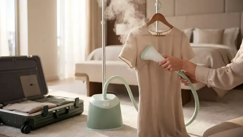 Mulher alinhando roupa com passadeira a vapor