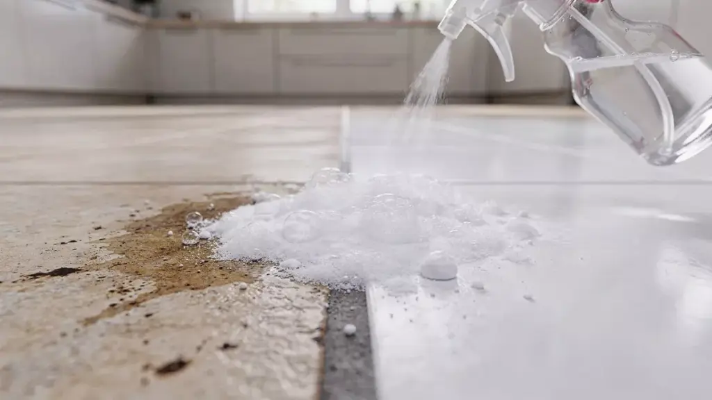 Despejando produto para limpar piso encardido em chão de cozinha